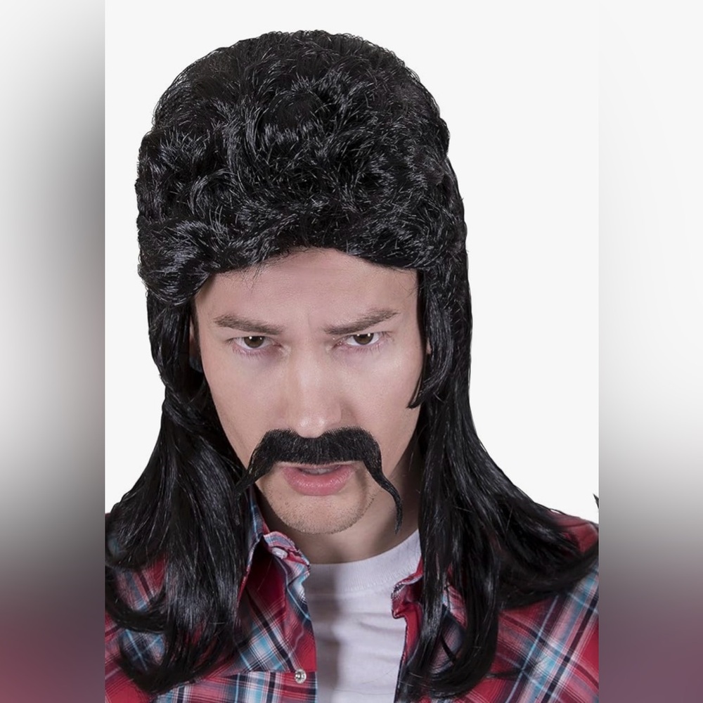 New Men’s Black Redneck 80s Retro Mullet Wig